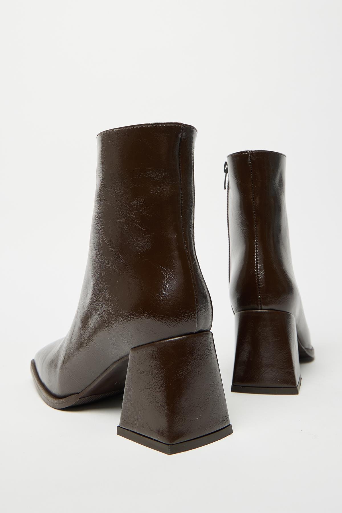 Kadın Kahverengi Rugan Bot & Bootie Küt Burun Topuklu Kontrast PU Deri Fermuarlı Şık