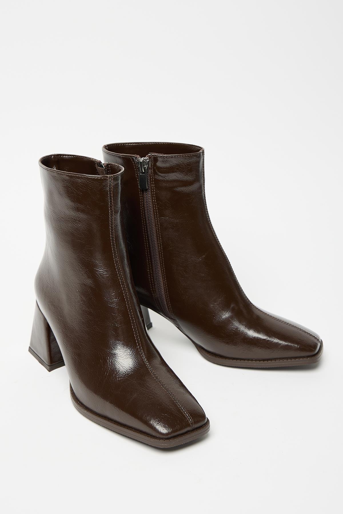 Kadın Kahverengi Rugan Bot & Bootie Küt Burun Topuklu Kontrast PU Deri Fermuarlı Şık
