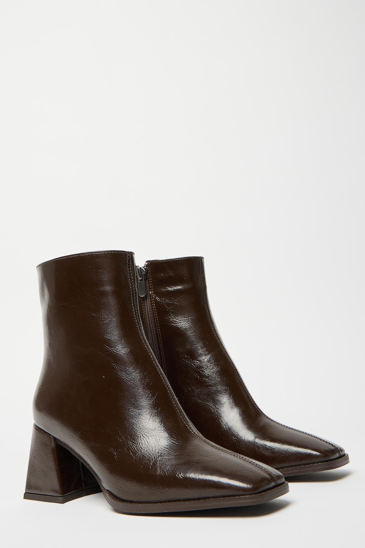 Kadın Kahverengi Rugan Bot & Bootie Küt Burun Topuklu Kontrast PU Deri Fermuarlı Şık