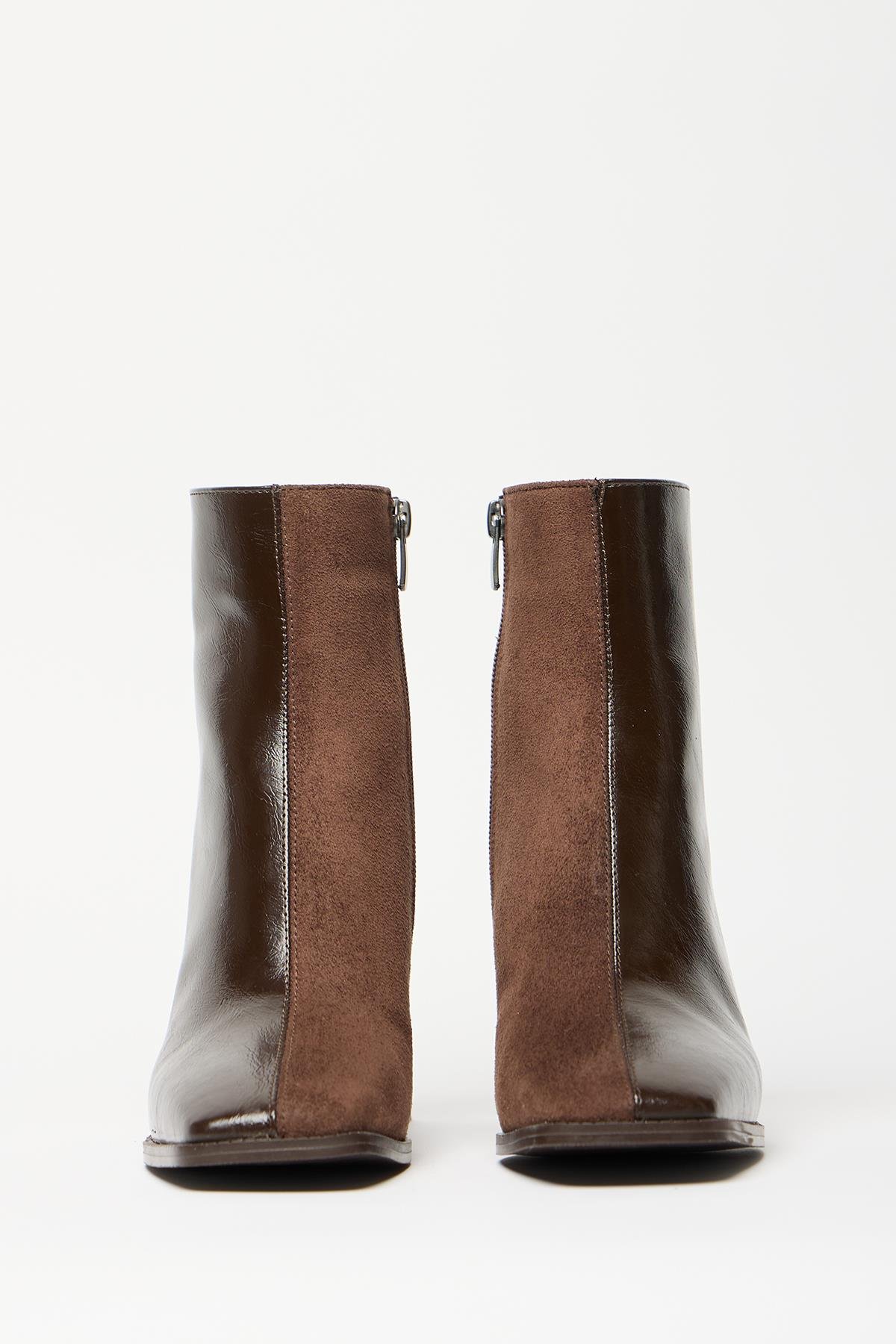 Kadın Kahverengi Rugan Süet Bot & Bootie Küt Burun Topuklu Kontrast PU Deri Fermuarlı Şık