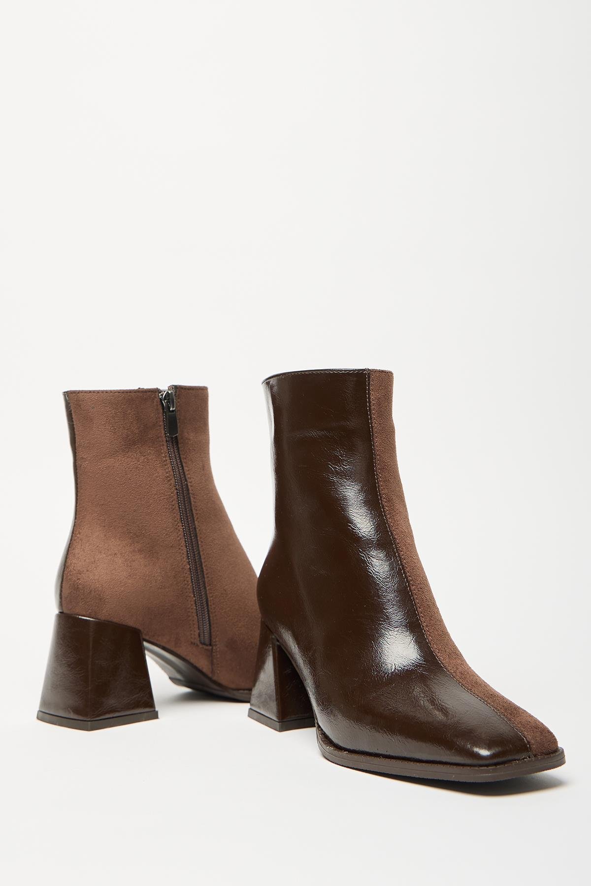 Kadın Kahverengi Rugan Süet Bot & Bootie Küt Burun Topuklu Kontrast PU Deri Fermuarlı Şık