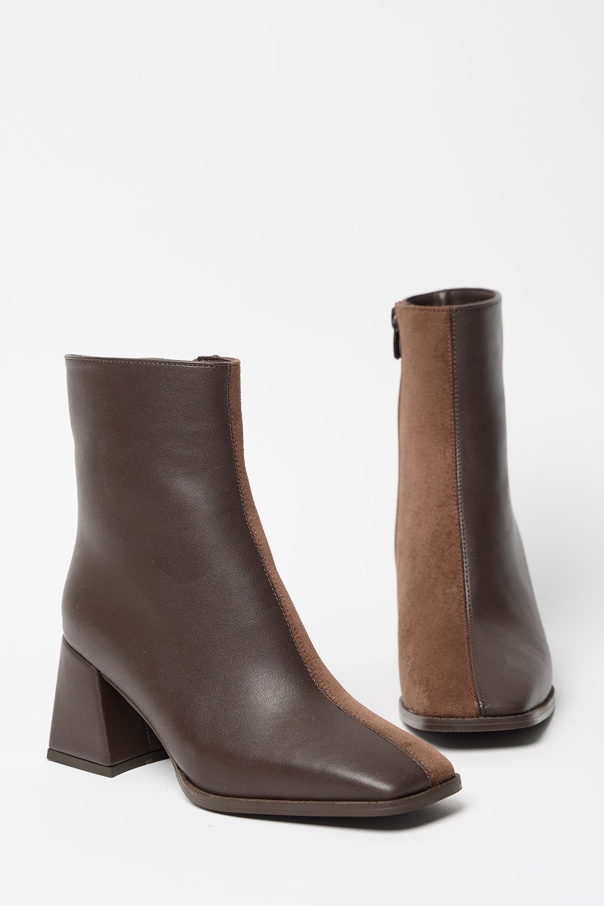 Kadın Kahverengi Süet Küt Burun Topuklu Bot & Bootie – Fermuarlı Günlük Şık