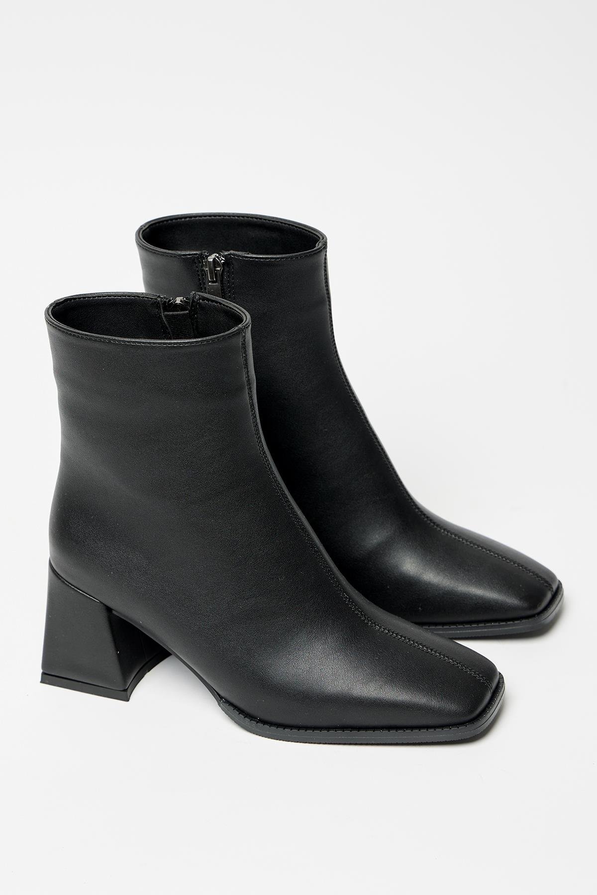 Kadın Siyah  Bot & Bootie Küt Burun Topuklu Kontrast PU Deri Fermuarlı Şık