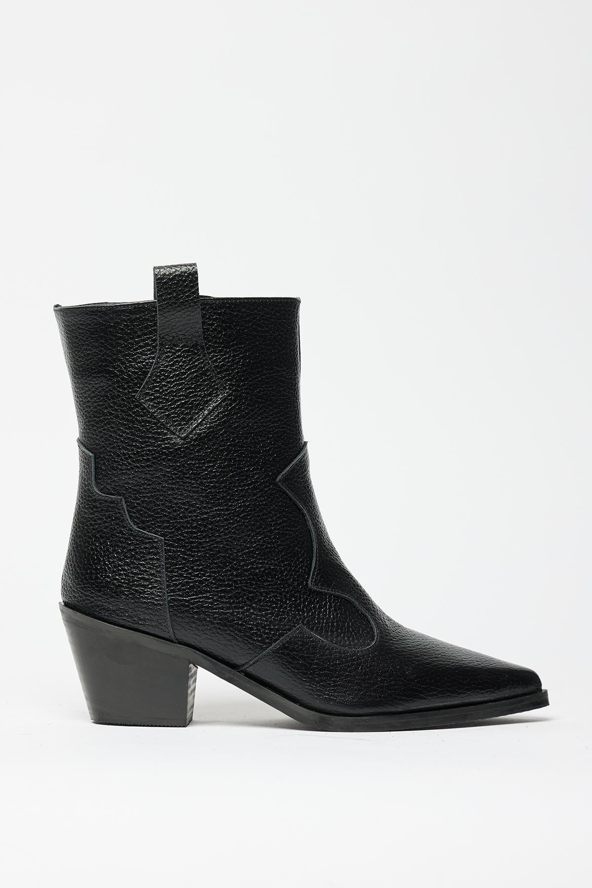 Kadın Siyah Hakiki Deri Western Kovboy Bot – Sivri Burun Topuklu