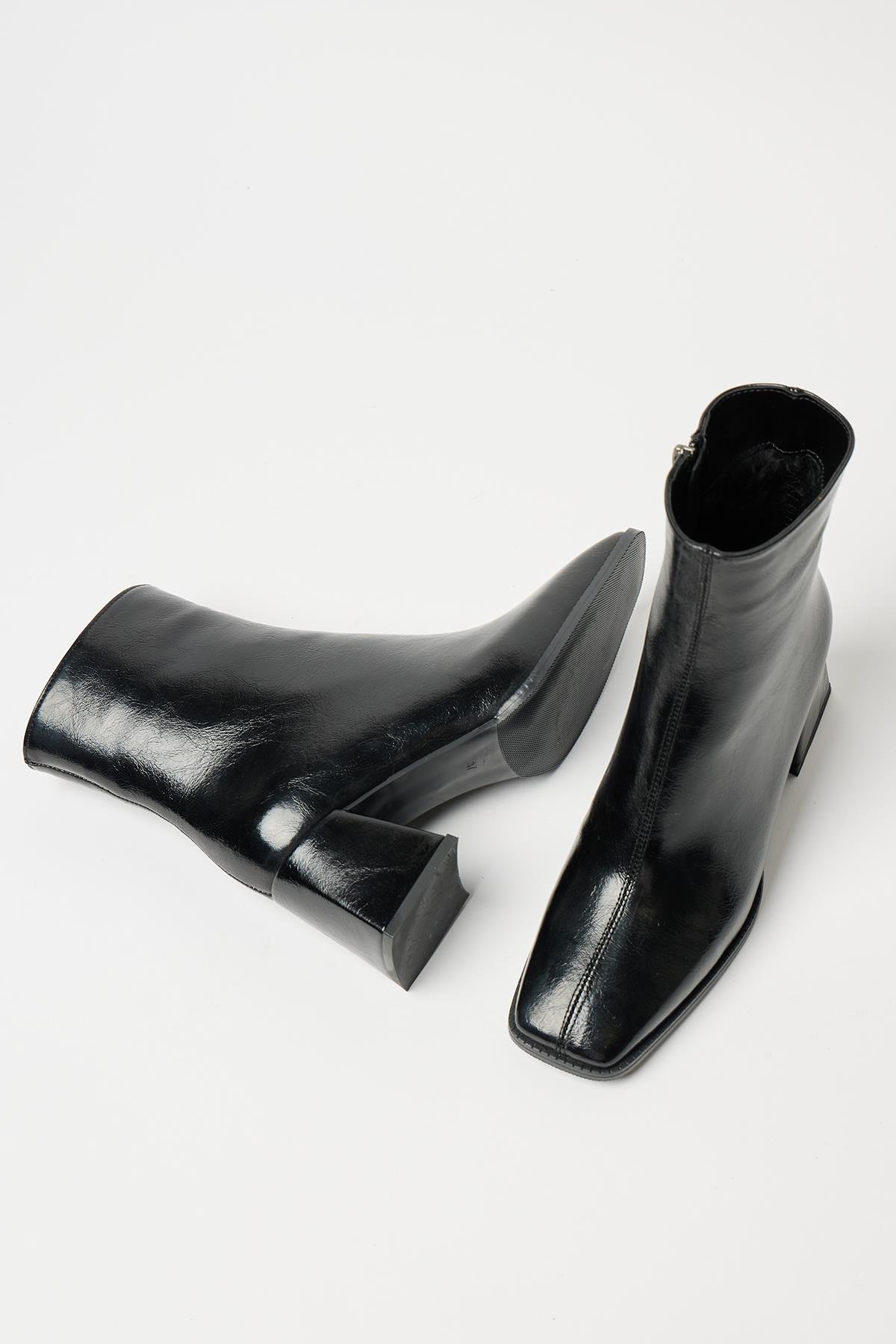 Kadın Siyah Rugan  Bot & Bootie Küt Burun Topuklu Kontrast PU Deri Fermuarlı Şık