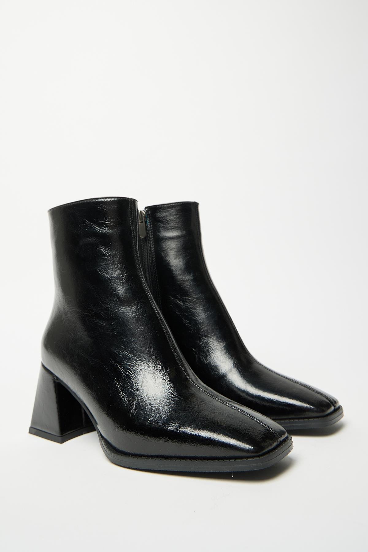 Kadın Siyah Rugan  Bot & Bootie Küt Burun Topuklu Kontrast PU Deri Fermuarlı Şık