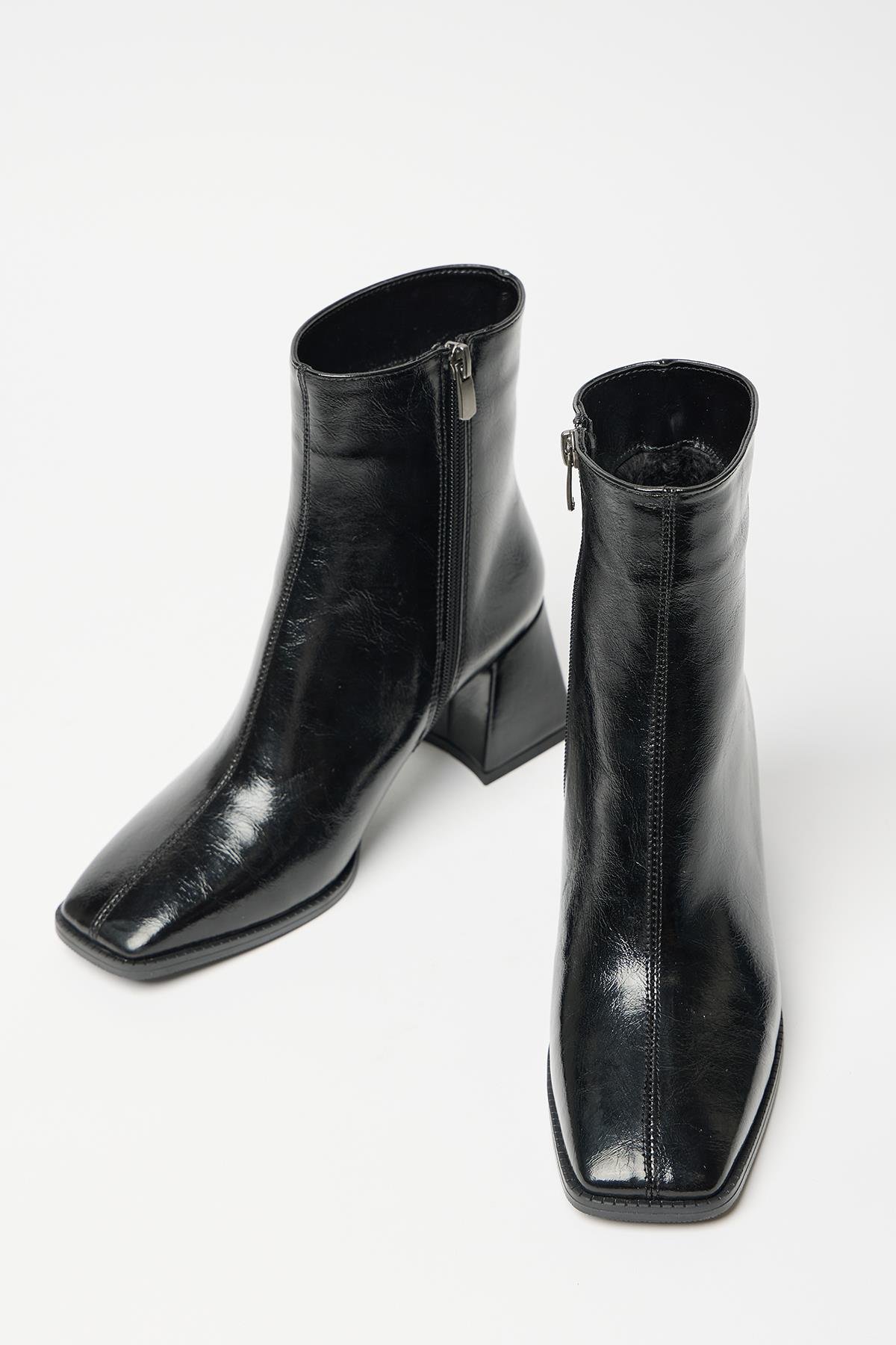 Kadın Siyah Rugan  Bot & Bootie Küt Burun Topuklu Kontrast PU Deri Fermuarlı Şık