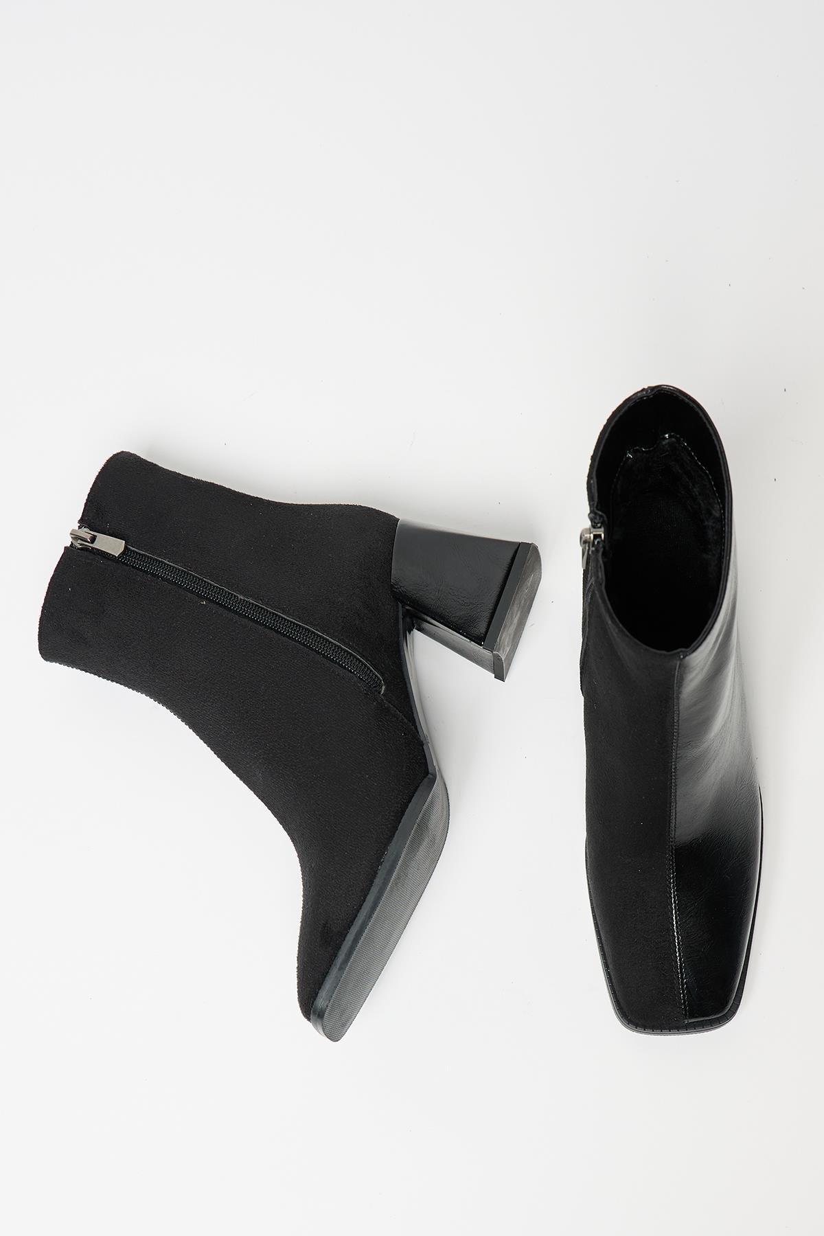 Kadın Siyah Rugan Süet Bot & Bootie Küt Burun Topuklu Kontrast PU Deri Fermuarlı Şık