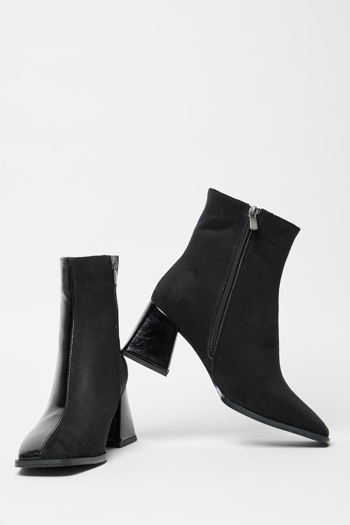 Kadın Siyah Rugan Süet Bot & Bootie Küt Burun Topuklu Kontrast PU Deri Fermuarlı Şık