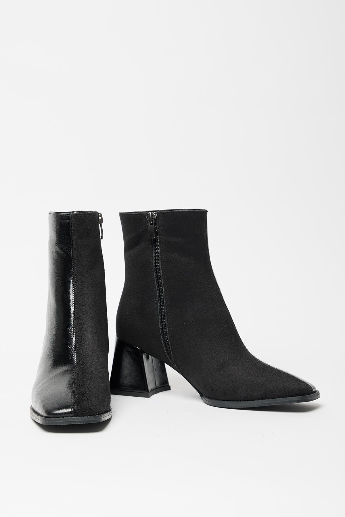 Kadın Siyah Rugan Süet Bot & Bootie Küt Burun Topuklu Kontrast PU Deri Fermuarlı Şık