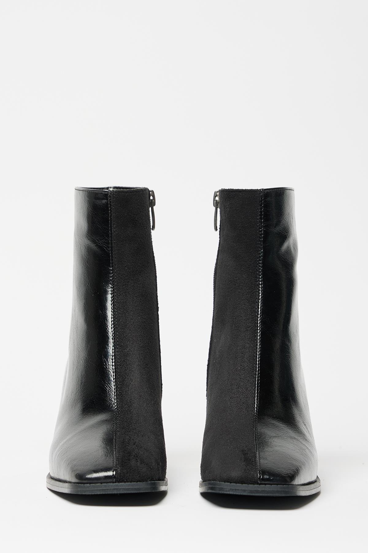 Kadın Siyah Rugan Süet Bot & Bootie Küt Burun Topuklu Kontrast PU Deri Fermuarlı Şık