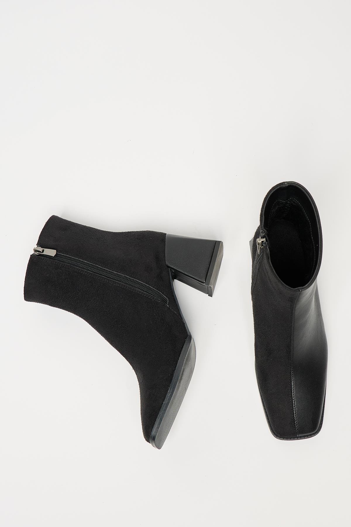 Kadın Siyah Süet Bot & Bootie Küt Burun Topuklu Kontrast PU Deri Fermuarlı Şık