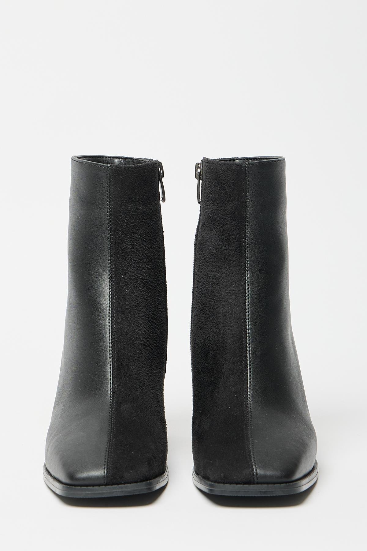 Kadın Siyah Süet Bot & Bootie Küt Burun Topuklu Kontrast PU Deri Fermuarlı Şık