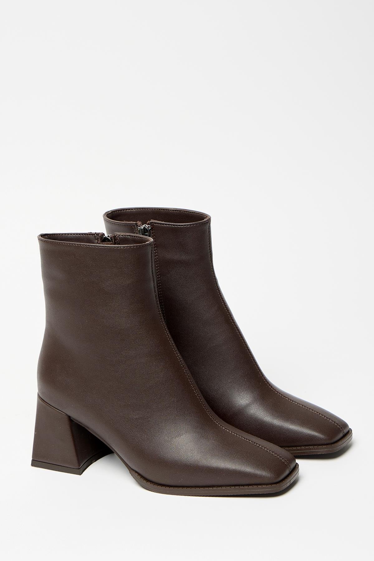 Kahverengi  Bot & Bootie Küt Burun Topuklu Kontrast PU Deri Fermuarlı Şık