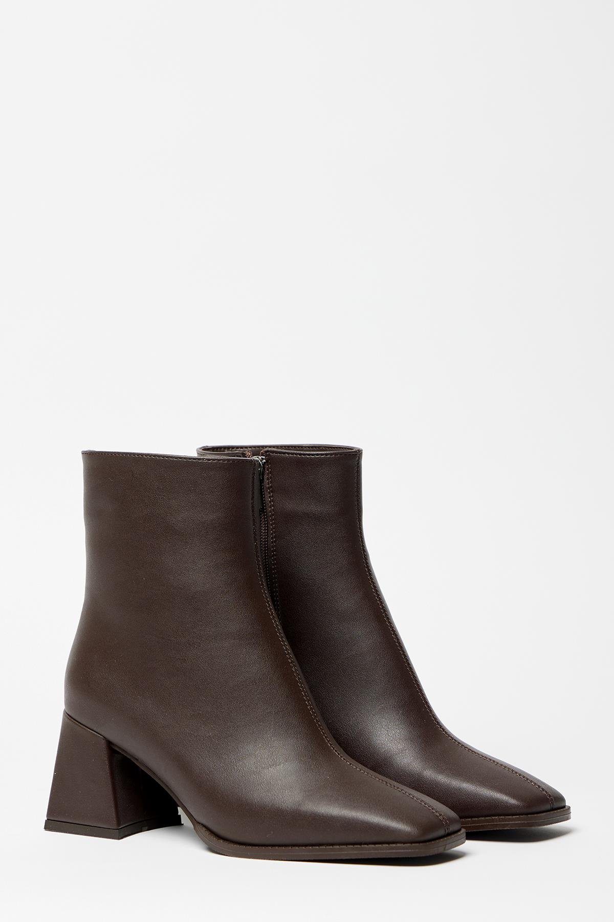 Kahverengi  Bot & Bootie Küt Burun Topuklu Kontrast PU Deri Fermuarlı Şık