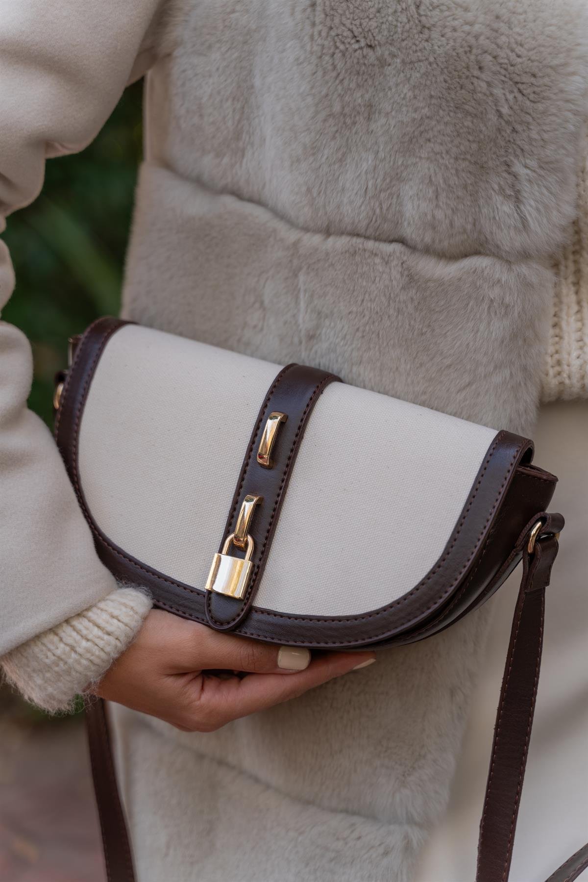 Kahverengi Krem Kadın Kontrast Tasarım Çapraz Askılı Çanta