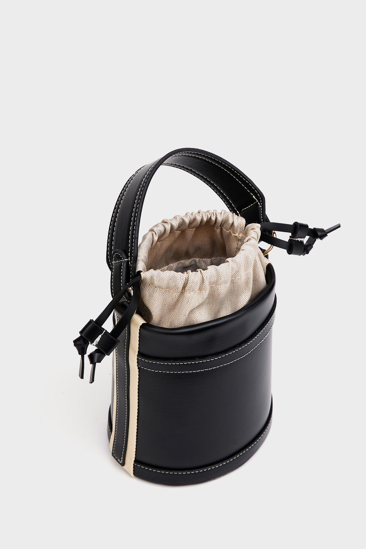 Kontrast Dikişli Kova El ve Omuz  Çanta Siyah