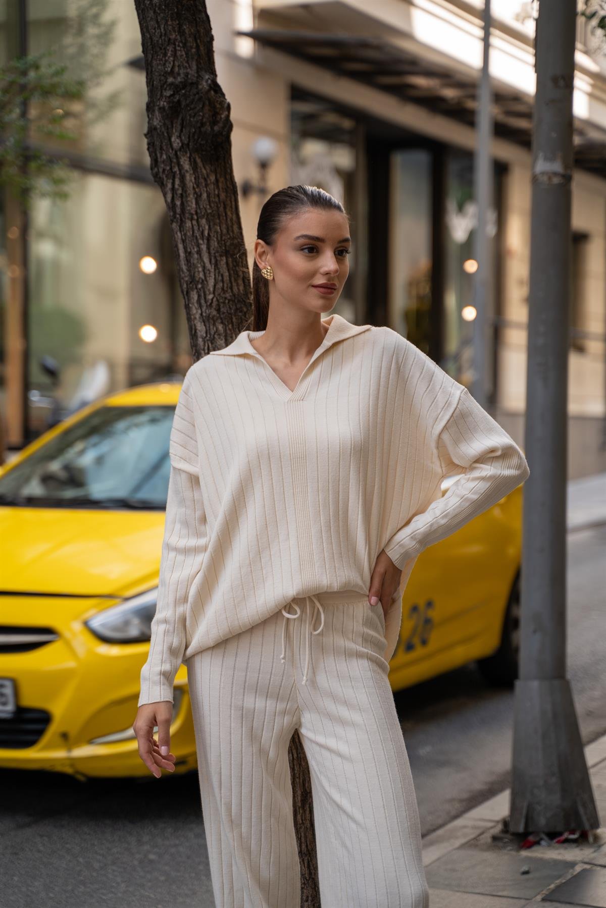 Krem Kadın Polo Yaka Fitilli Takım