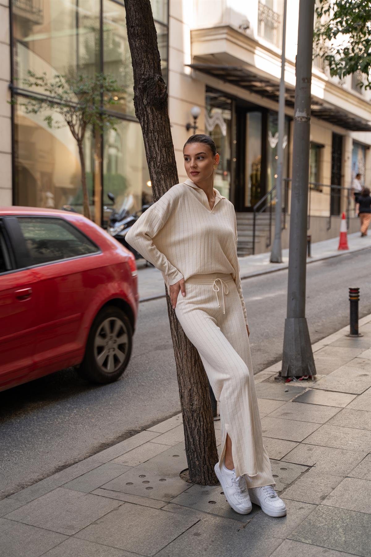 Krem Kadın Polo Yaka Fitilli Takım