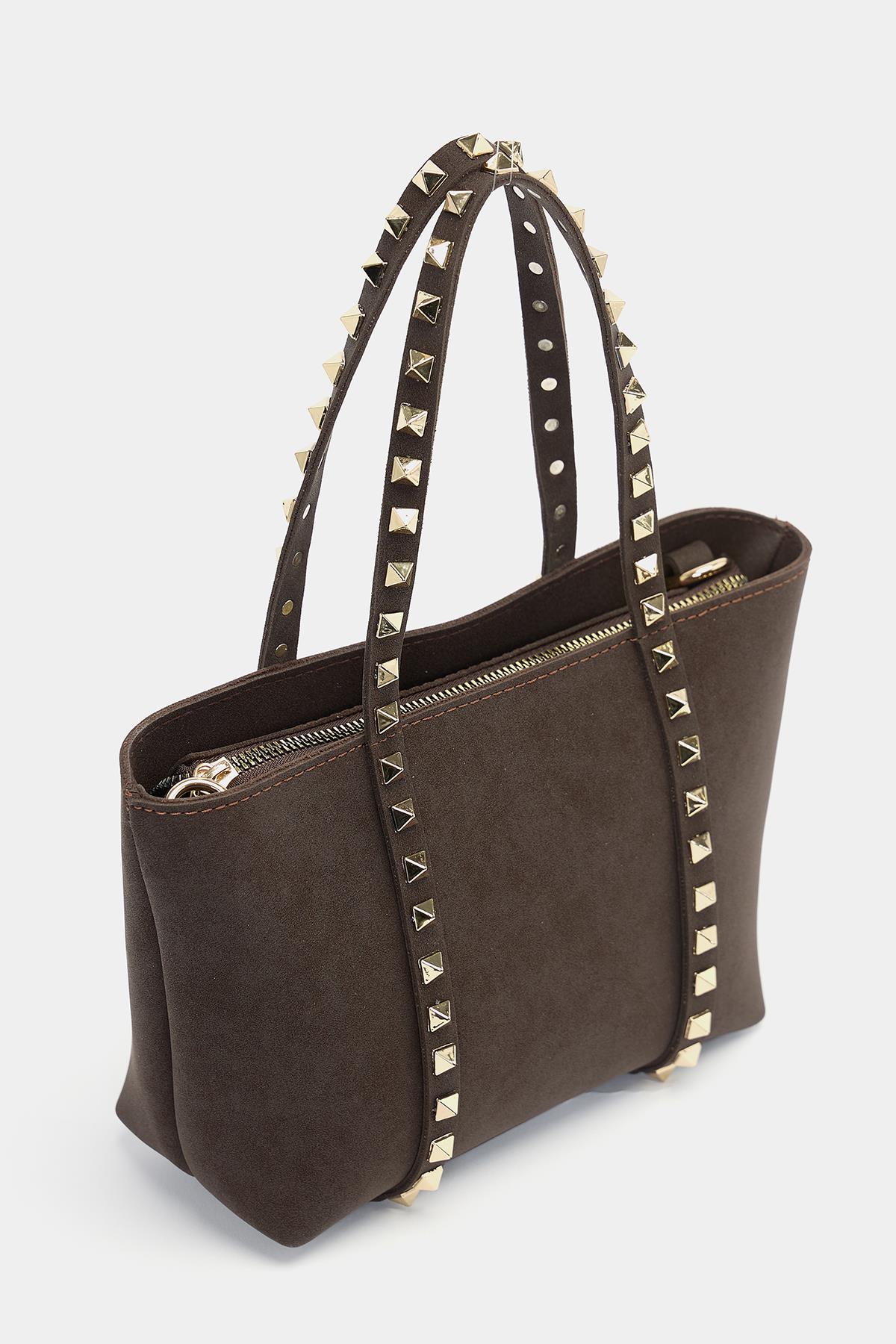 Küçük Boy Zımba Detaylı PU Deri Tokalı El ve Omuz Çantası Kahverengi Süet