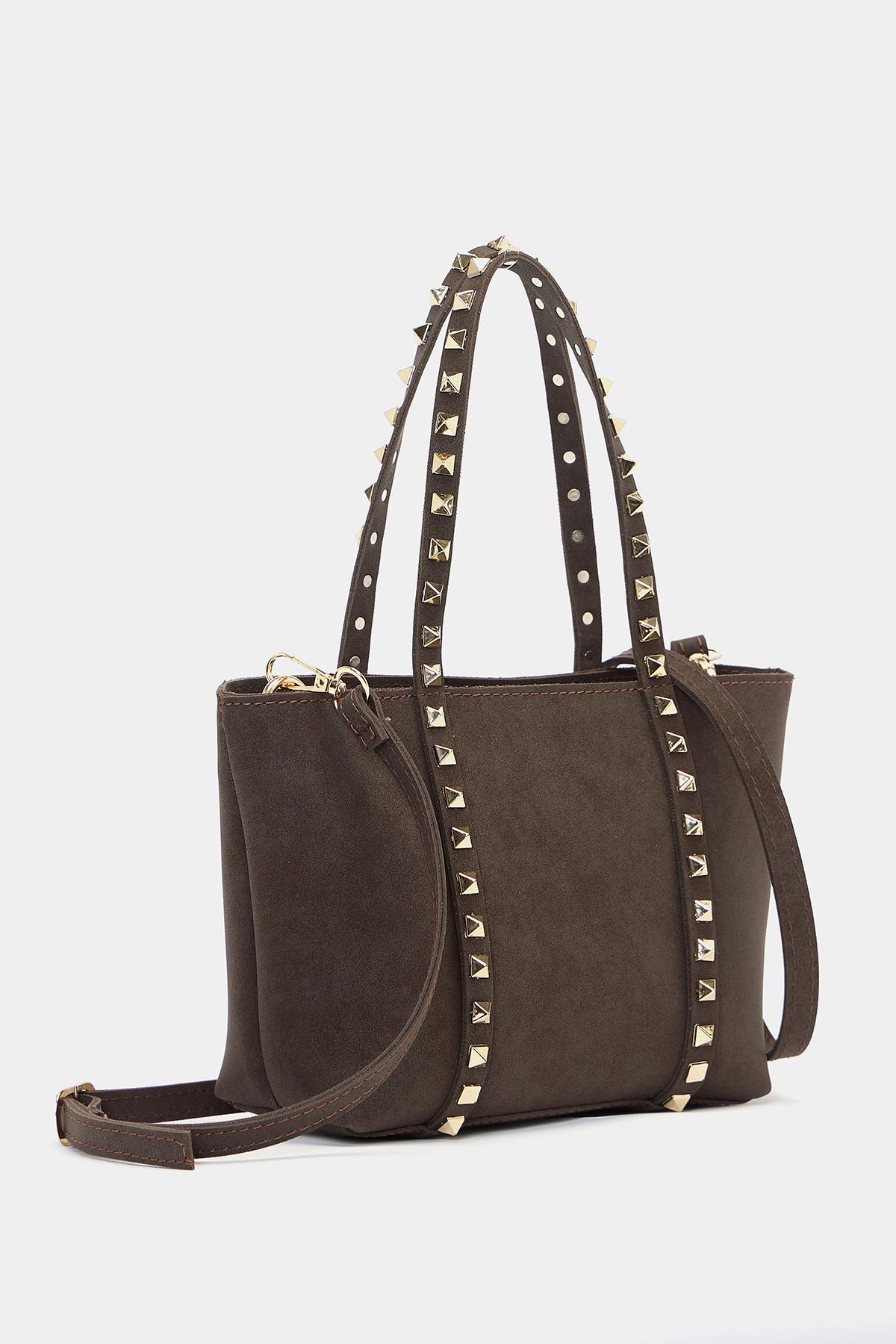 Küçük Boy Zımba Detaylı PU Deri Tokalı El ve Omuz Çantası Kahverengi Süet