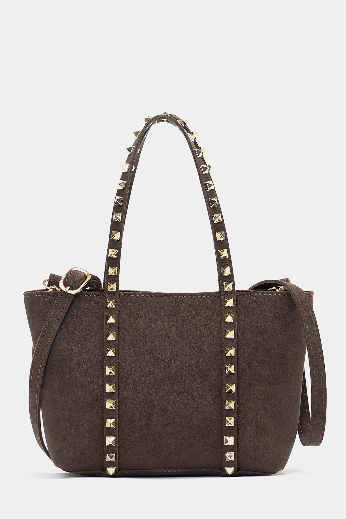 Küçük Boy Zımba Detaylı PU Deri Tokalı El ve Omuz Çantası Kahverengi Süet