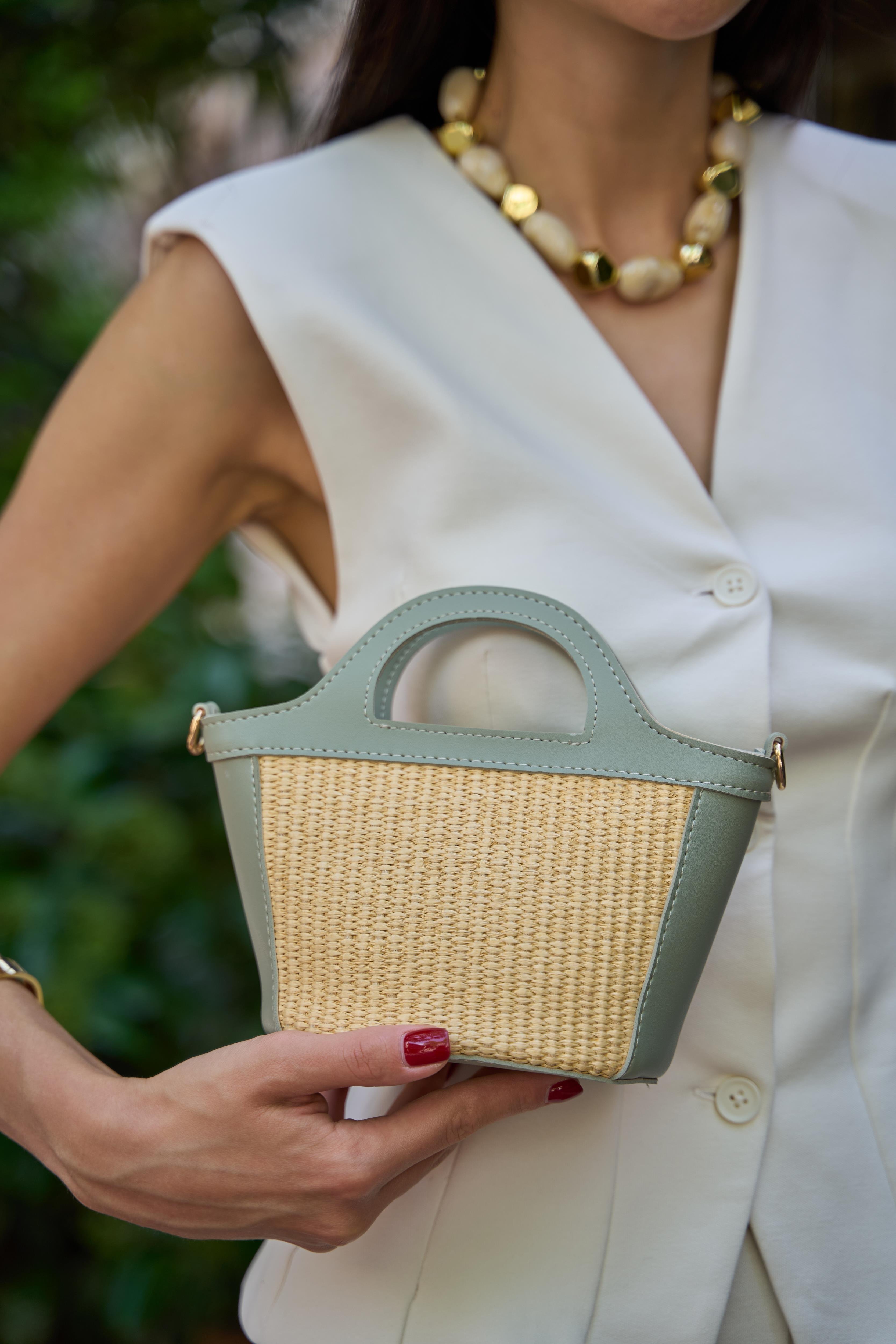 Mini Hasır Detaylı Çapraz Çanta Çağla Hasır