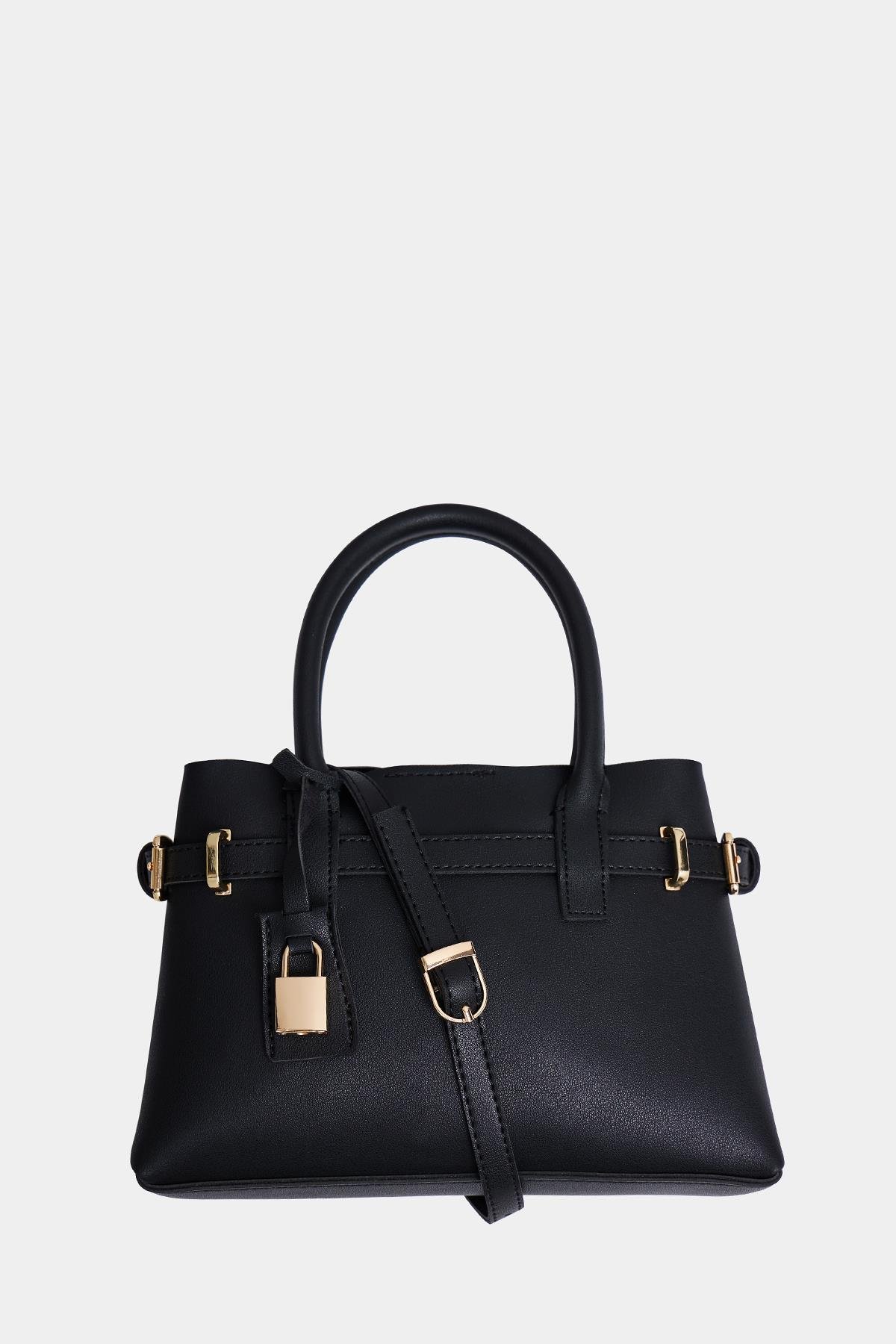 Mini Kilit Detaylı El ve Omuz Çantası Siyah