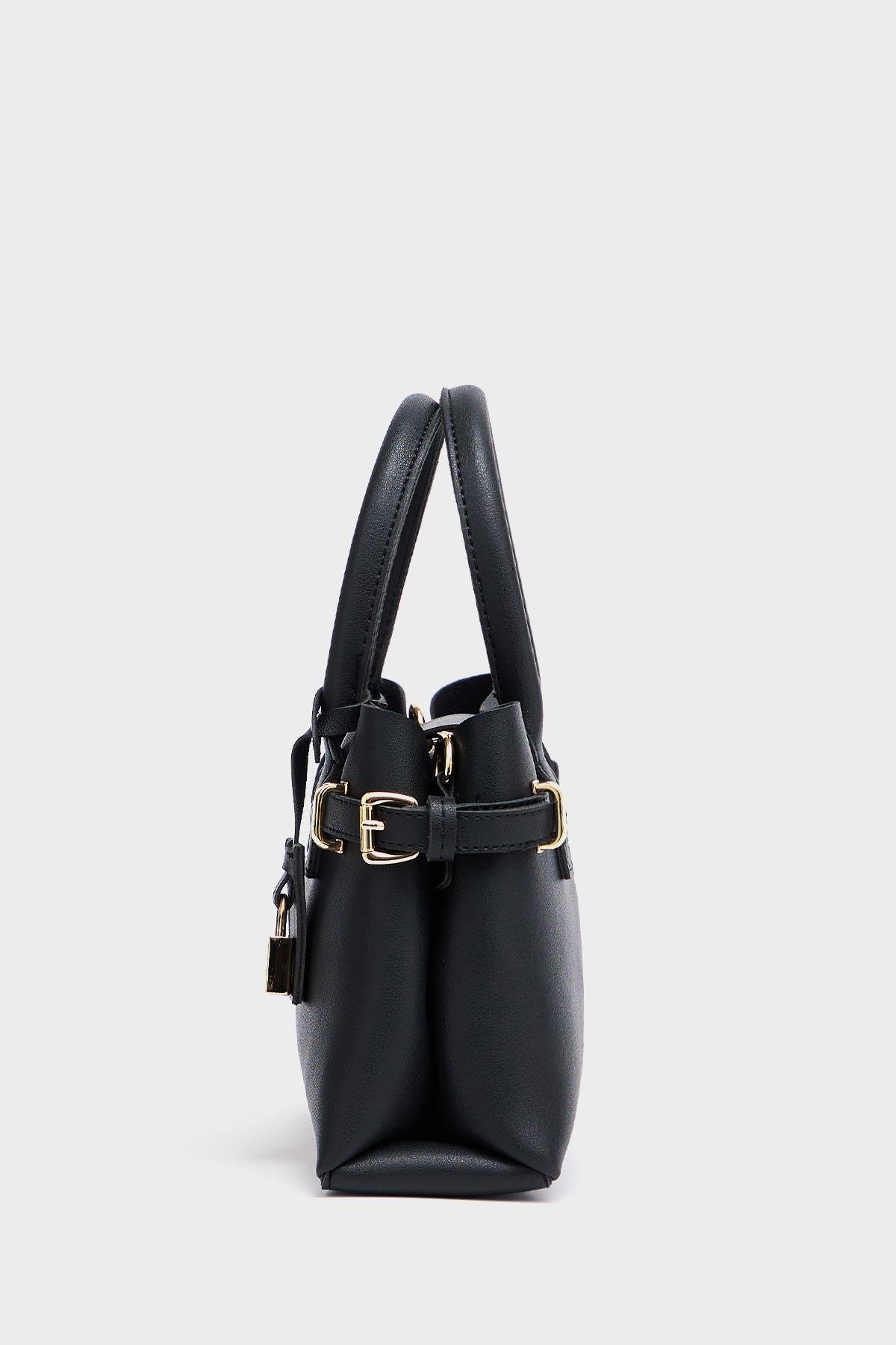 Mini Kilit Detaylı El ve Omuz Çantası Siyah