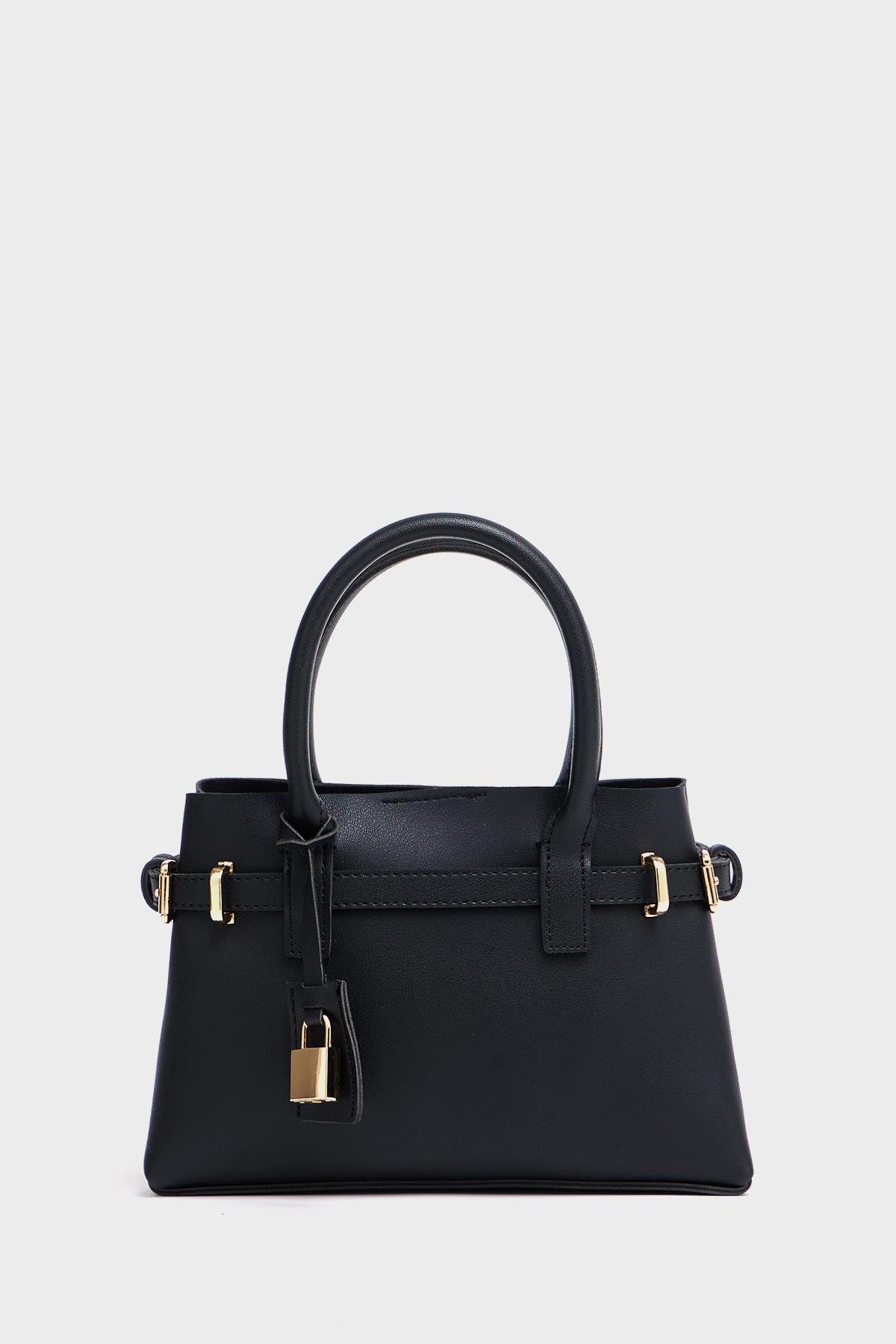 Mini Kilit Detaylı El ve Omuz Çantası Siyah