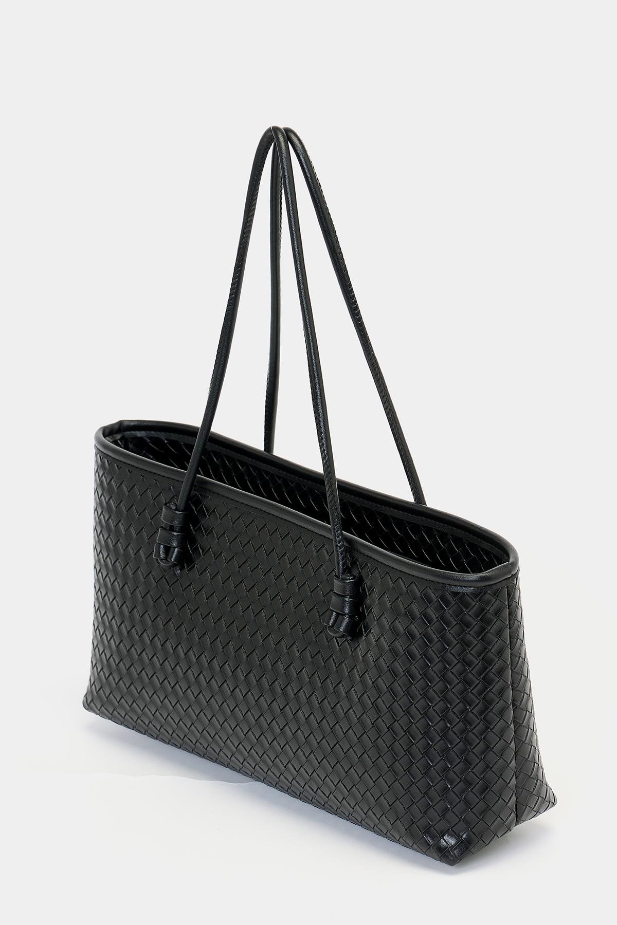 Örgü Desenli PU Deri El ve Omuz Çantası – Zarif Geniş Form Siyah