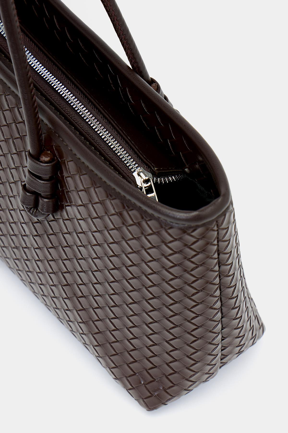 Örgü Desenli PU Deri El ve Omuz Çantası – Zarif Geniş Form Kahverengi