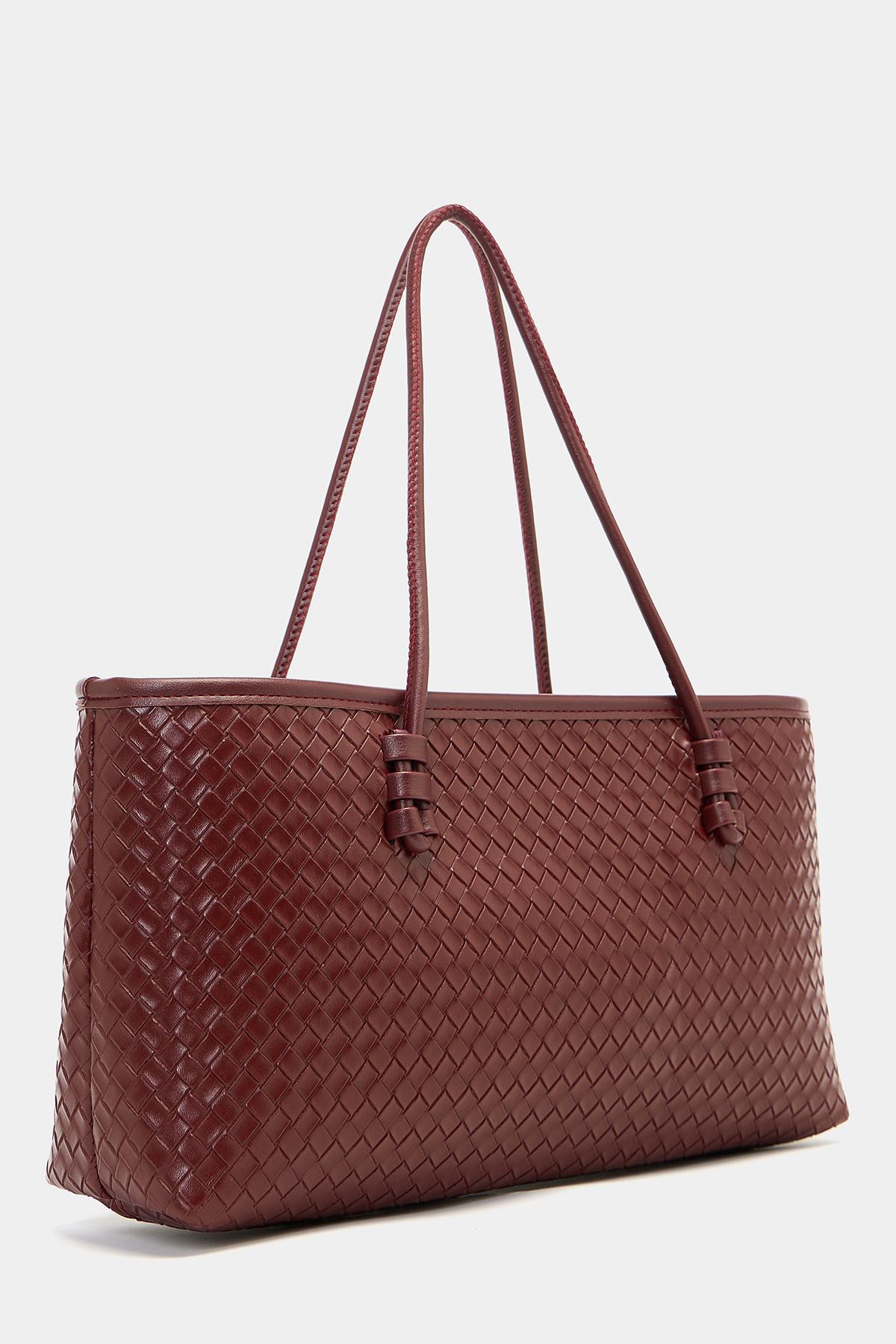 Örgü Desenli PU Deri El ve Omuz Çantası – Zarif Geniş Form Bordo