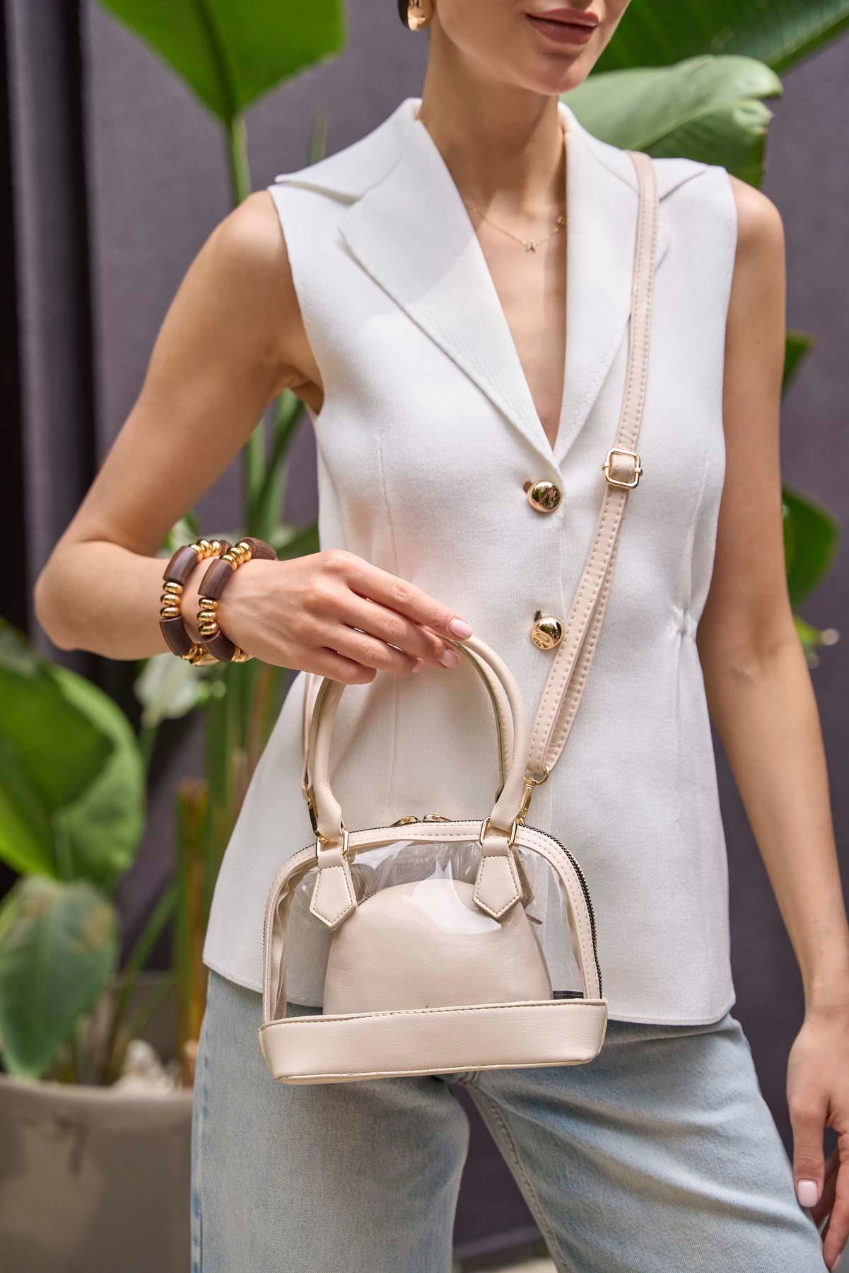 Şeffaf Mini El ve Omuz  Çantası Krem