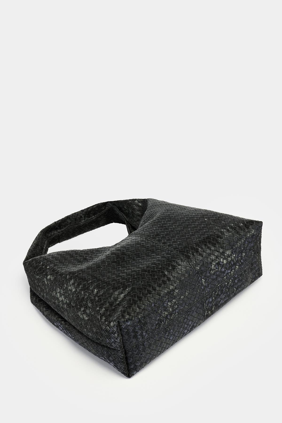 Siyah Örgü Desenli Süet Görünümlü Deri Kadın Shopper Omuz Çantası – Yumuşak Form Vintage Model