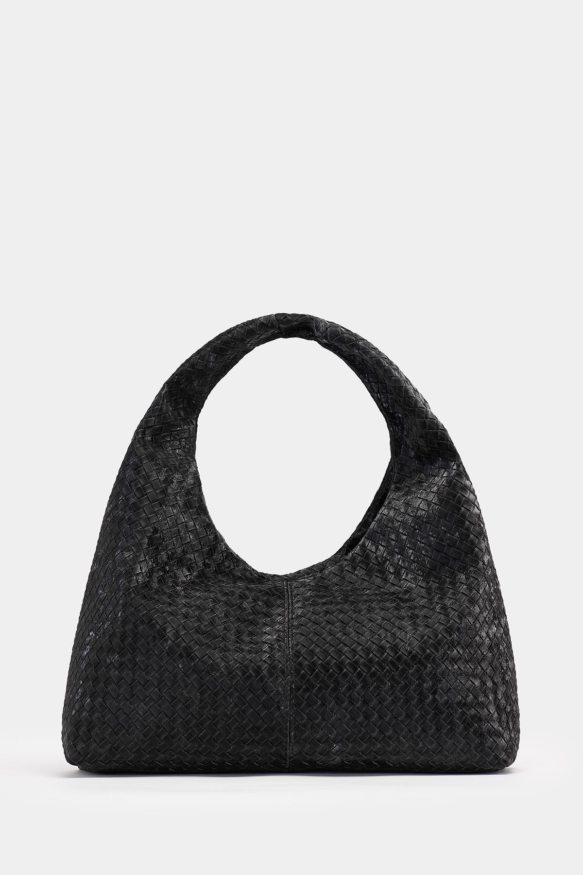 Siyah Örgü Desenli Süet Görünümlü Deri Kadın Shopper Omuz Çantası – Yumuşak Form Vintage Model