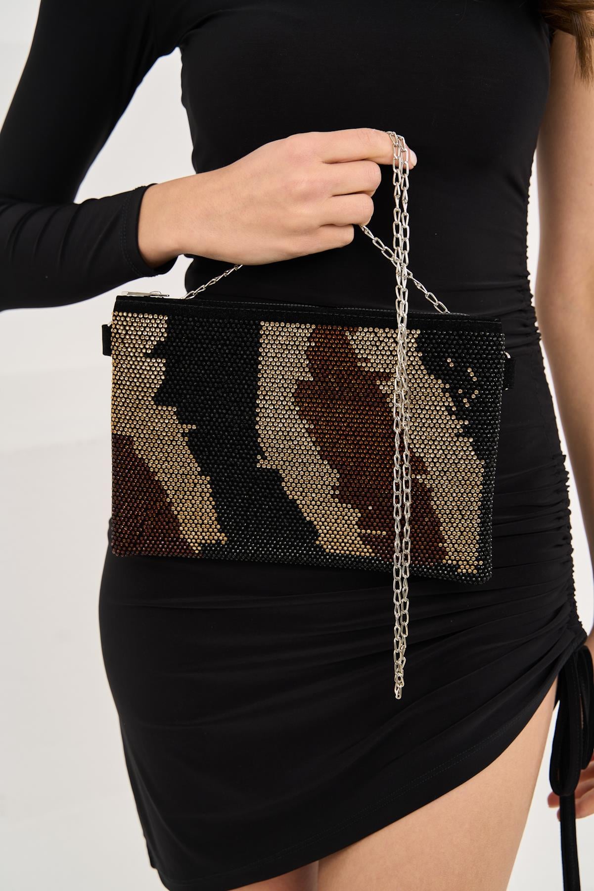 Taş Desenli Kadın Taşlı Clutch El ve Omuz Çanta
