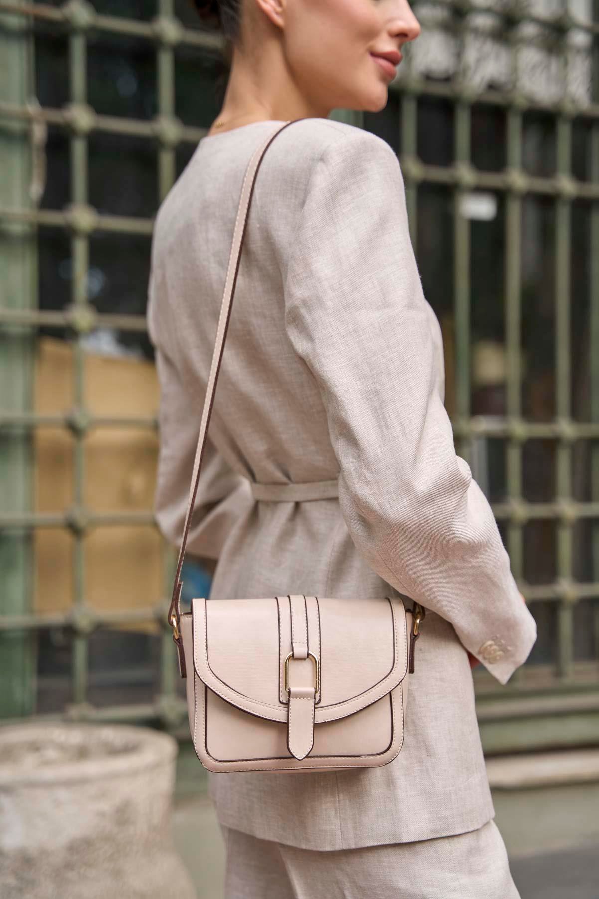 Tokalı Deri Görünümlü Mini  El ve Omuz Çantası Krem