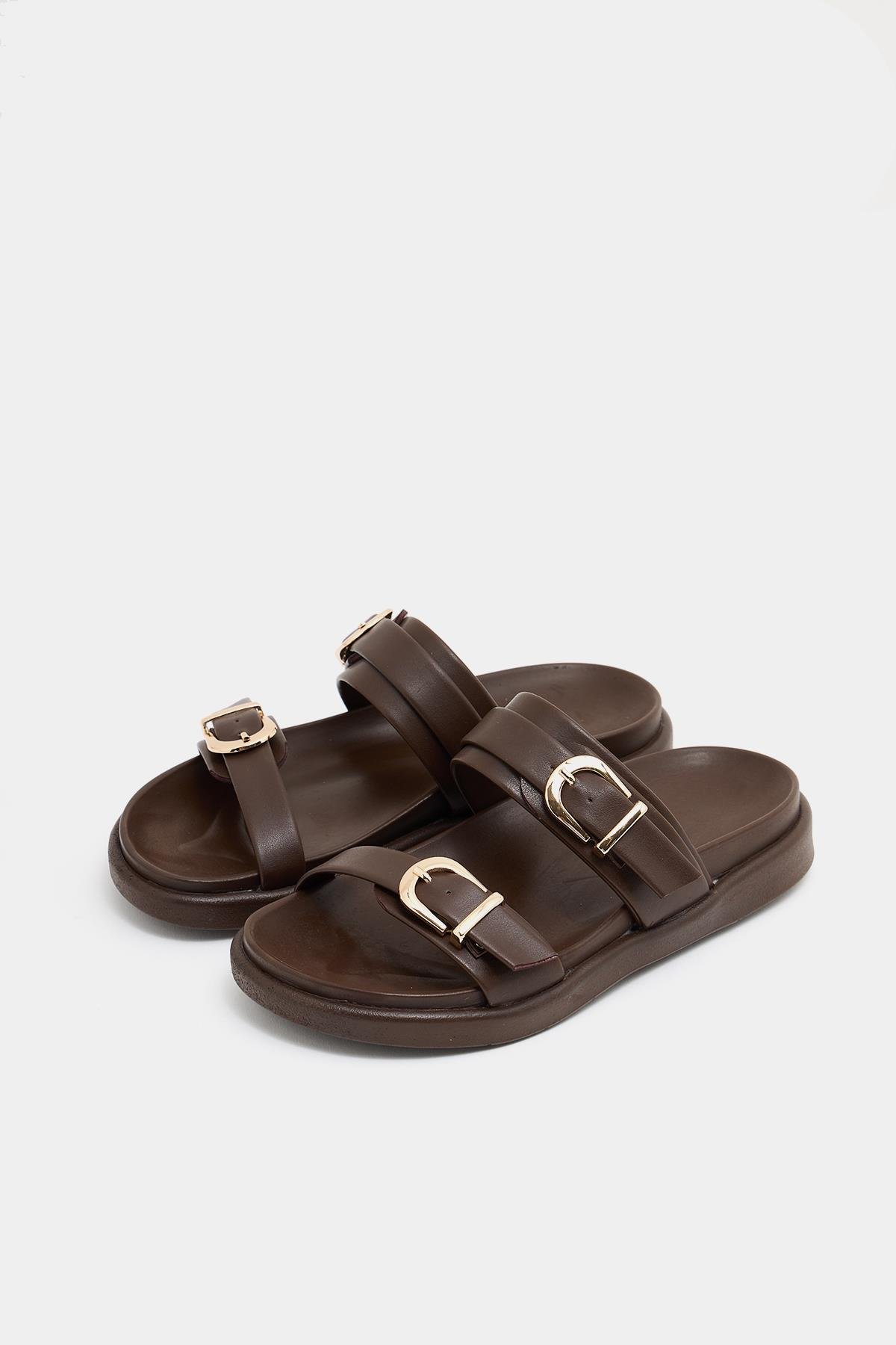 Trend Çift Tokalı Terlik Kahverengi