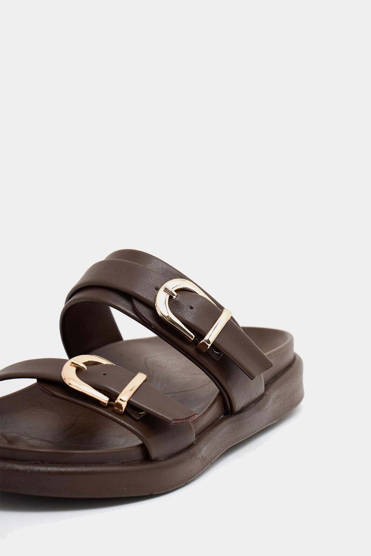 Trend Çift Tokalı Terlik Kahverengi