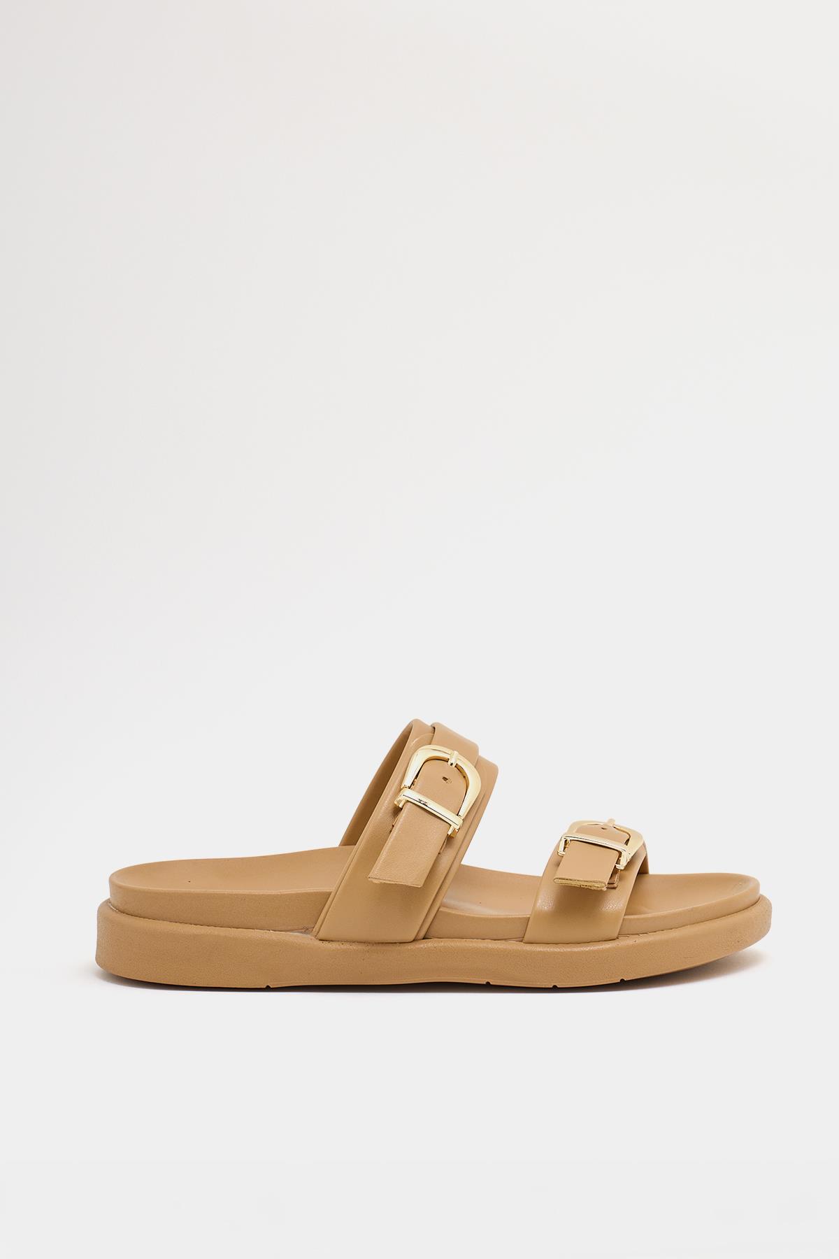 Trend Çift Tokalı Terlik Vizon