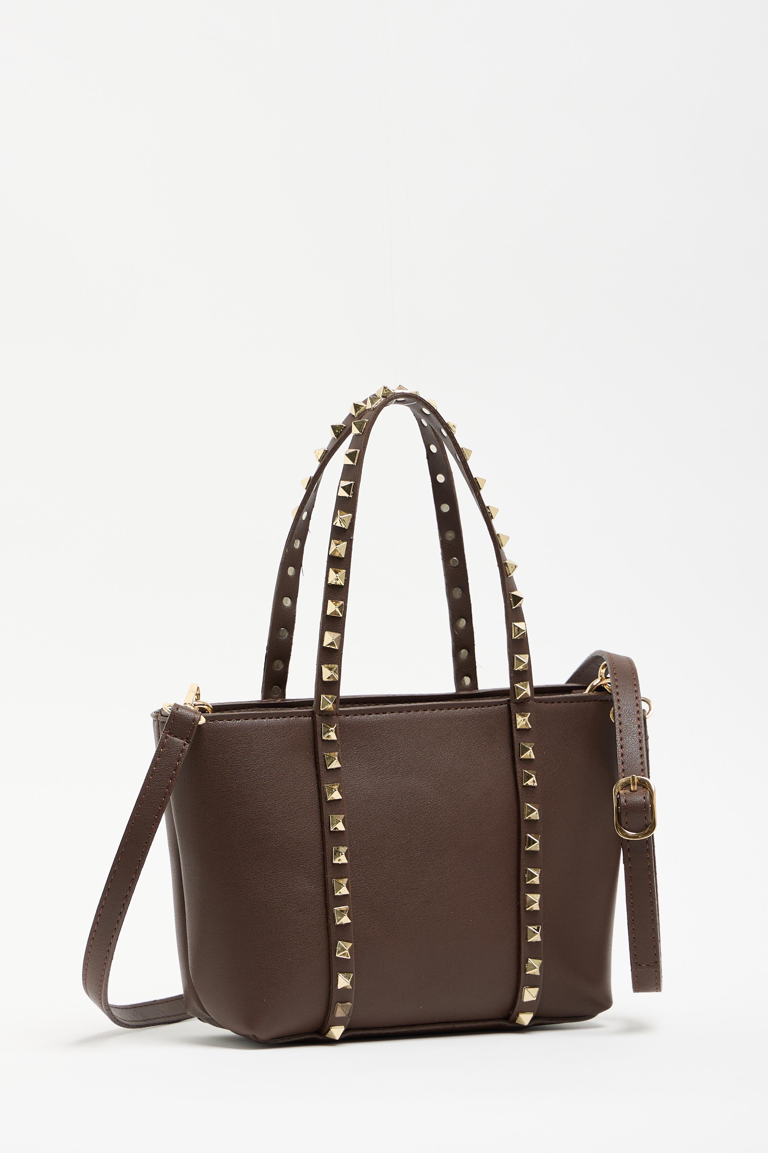 Zımba Detaylı PU Deri Tokalı El ve Omuz Çantası Kahverengi