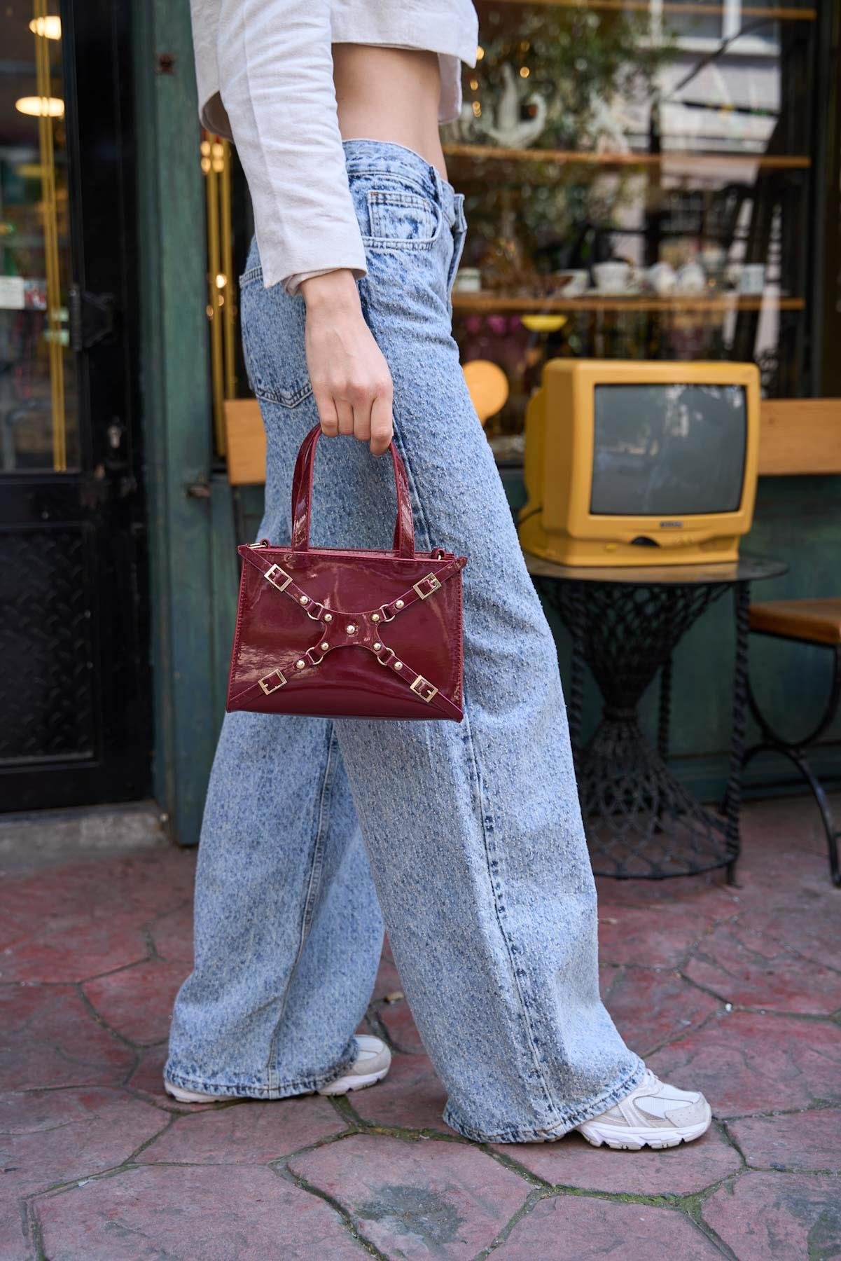 Zımbalı Mini Tote El Ve Omuz Çantası Bordo Rugan
