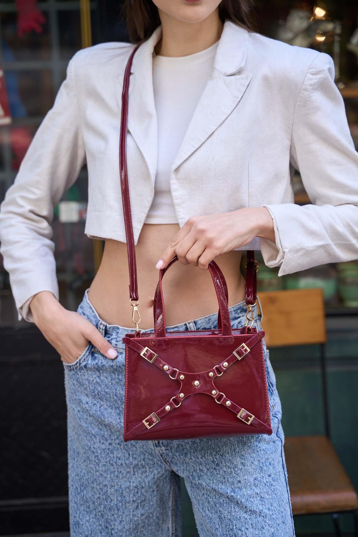 Zımbalı Mini Tote El Ve Omuz Çantası Bordo Rugan