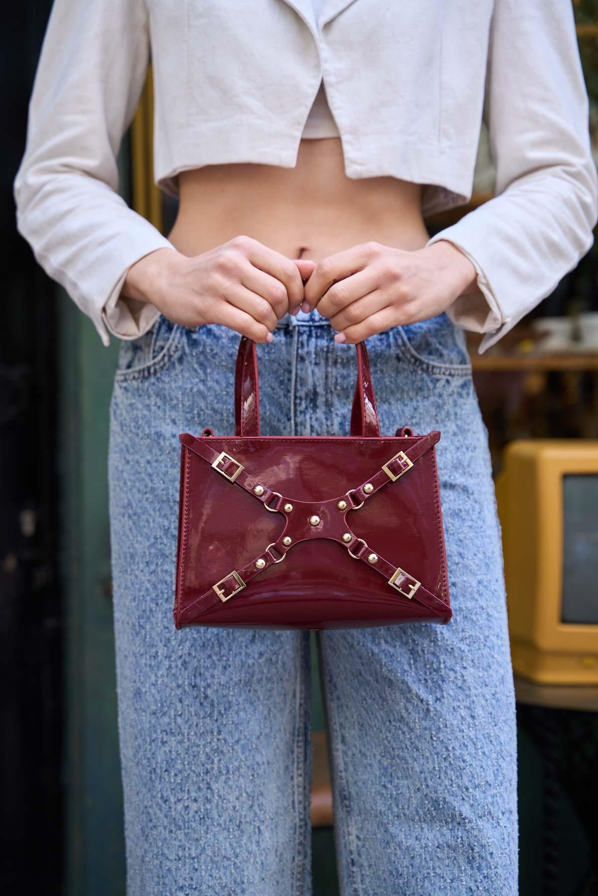 Zımbalı Mini Tote El Ve Omuz Çantası Bordo Rugan