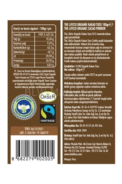 THE LIFECO ORGANİK HAM KAKAO TOZU 100 GR