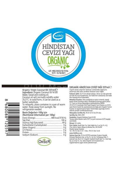 THE LIFECO ORGANİK HİNDİSTAN CEVİZİ YAĞI 337 ML