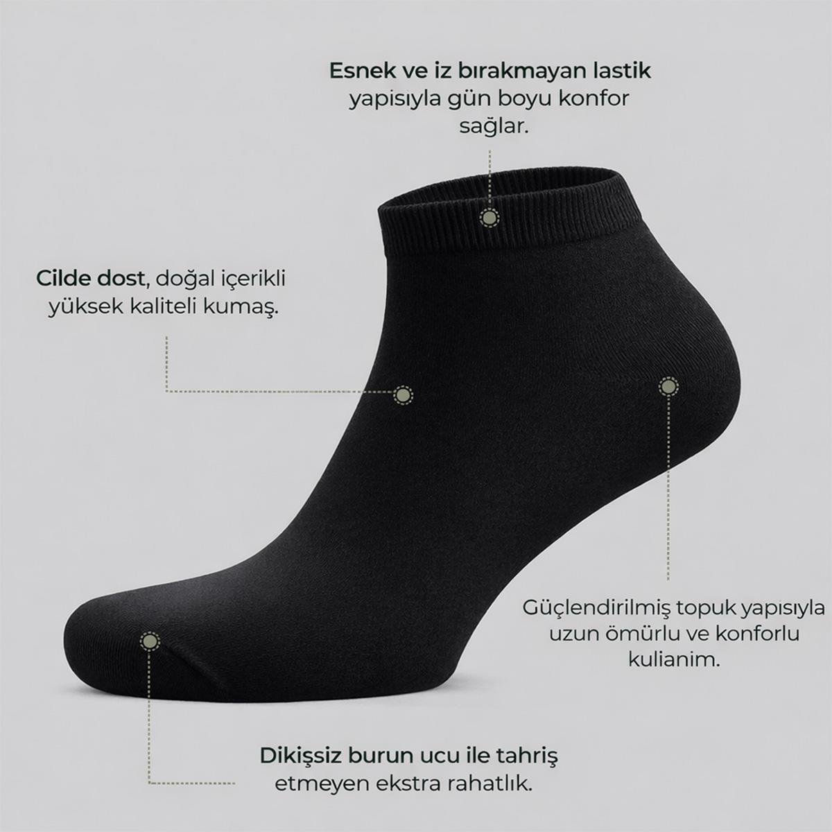 3 Çift Erkek Bambu Patik Çorap Siyah