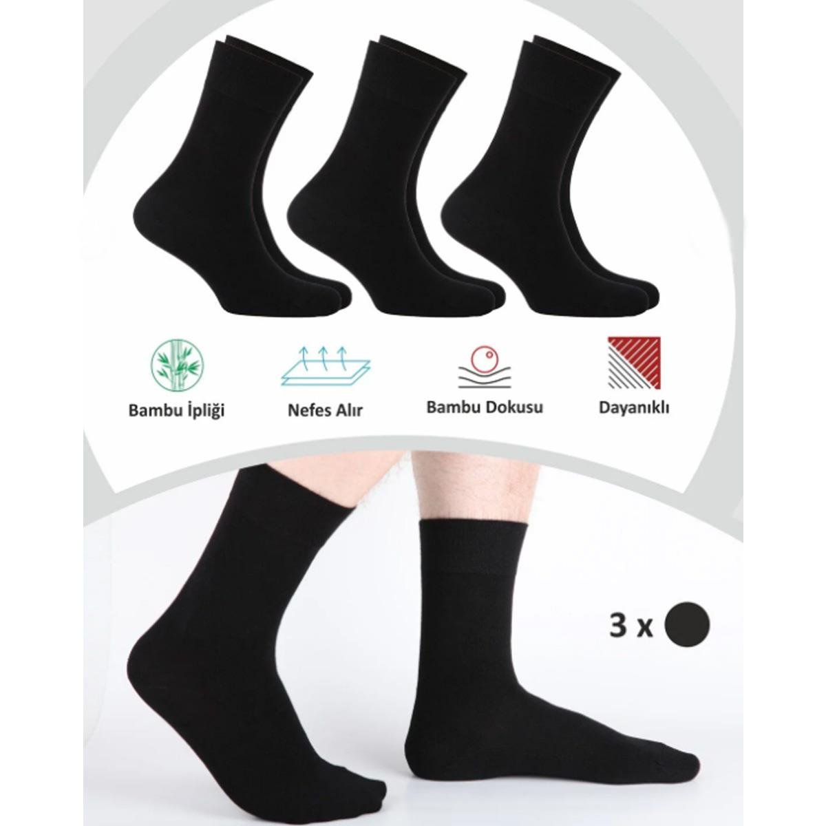 3 Çift Siyah Erkek Dikişsiz Bambu Çorap Kalın Model
