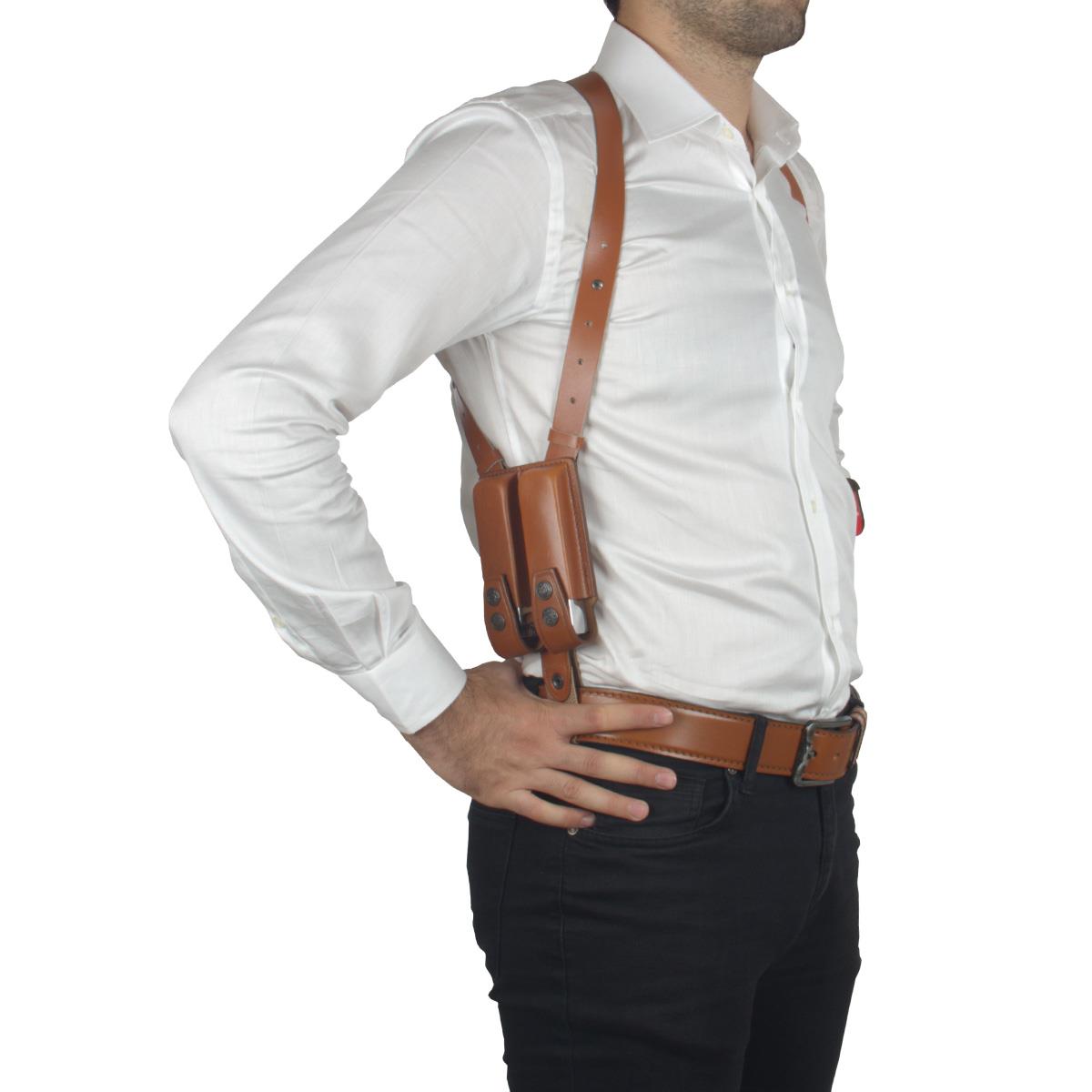 Dik Desenli Deri Koltuk Altı Tabanca Kılıfı Çift Şarjörlüklü Taba-Universal